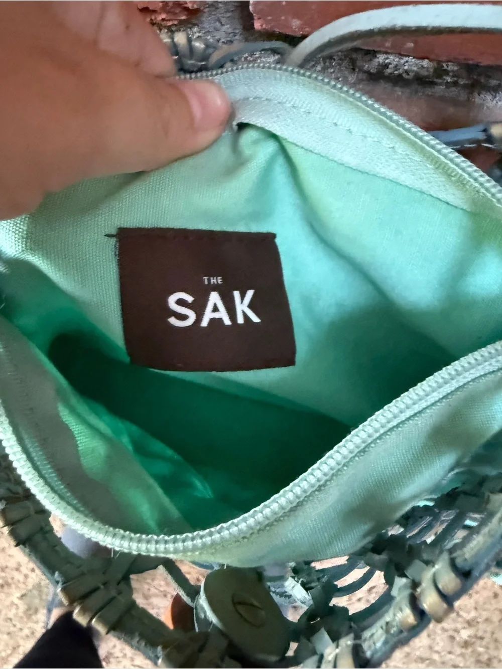 The Sak Woven Leather-Trim Shoulder Bag in Aqua and Cream
